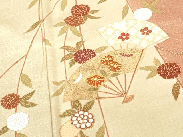 平和屋着物●訪問着　駒刺繍　扇面花文　金彩　正絹　逸品　DABH0601op