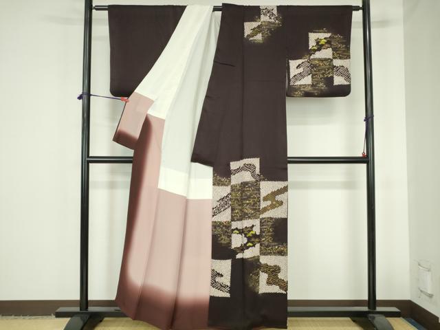 平和屋着物●訪問着　刺繍　絞り　市松花文　金彩　正絹　逸品　DABH0605op