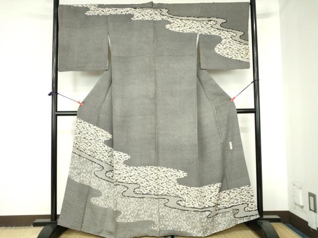 平和屋着物●訪問着　作家物　絞り　型染　流水花文　黒地　正絹　逸品　DABH0606op