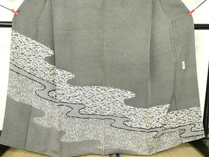 平和屋着物●訪問着　作家物　絞り　型染　流水花文　黒地　正絹　逸品　DABH0606op