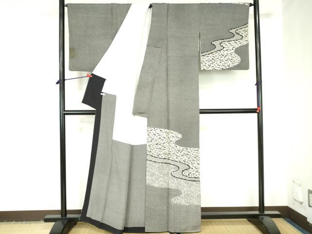 平和屋着物●訪問着　作家物　絞り　型染　流水花文　黒地　正絹　逸品　DABH0606op