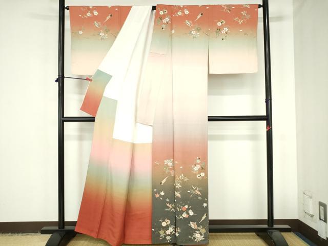 平和屋着物●訪問着　鼓　扇面花文　暈し染め　金彩　正絹　逸品　DABH0622op