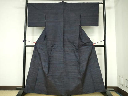 平和屋着物▽上質な紬　単衣　格子　正絹　逸品　DABH0626op