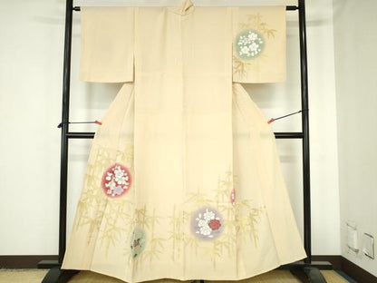 平和屋着物▽訪問着　単衣　総刺繍　笹竹　枝梅　暈し染め　金銀糸　正絹　逸品　DABH0628op
