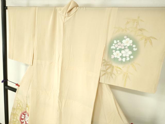 平和屋着物▽訪問着　単衣　総刺繍　笹竹　枝梅　暈し染め　金銀糸　正絹　逸品　DABH0628op