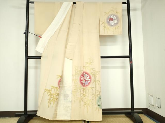 平和屋着物▽訪問着　単衣　総刺繍　笹竹　枝梅　暈し染め　金銀糸　正絹　逸品　DABH0628op