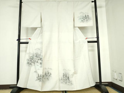 平和屋着物▽訪問着　単衣　紬地　手描き　風景樹林文　暈し染め　正絹　逸品　DABH0632op