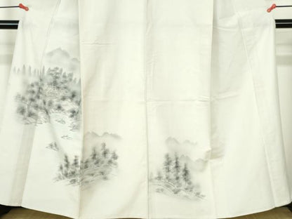 平和屋着物▽訪問着　単衣　紬地　手描き　風景樹林文　暈し染め　正絹　逸品　DABH0632op