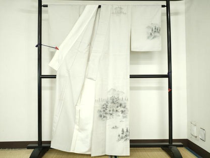 平和屋着物▽訪問着　単衣　紬地　手描き　風景樹林文　暈し染め　正絹　逸品　DABH0632op