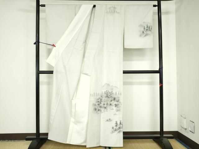 平和屋着物▽訪問着　単衣　紬地　手描き　風景樹林文　暈し染め　正絹　逸品　DABH0632op