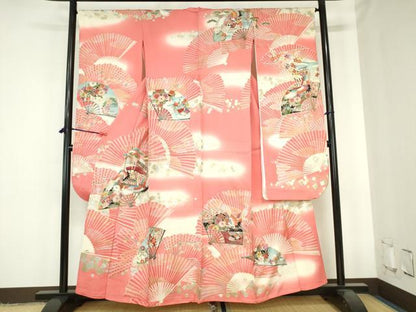 平和屋着物▽豪華振袖　単衣　駒刺繍　飛鶴扇面花文　暈し染め　金銀彩　正絹　逸品　DABH0638op