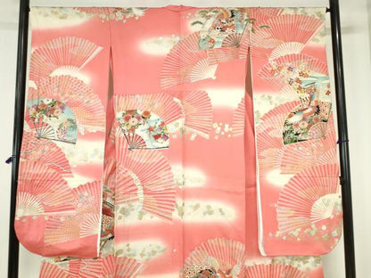 平和屋着物▽豪華振袖　単衣　駒刺繍　飛鶴扇面花文　暈し染め　金銀彩　正絹　逸品　DABH0638op