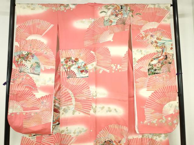 平和屋着物▽豪華振袖　単衣　駒刺繍　飛鶴扇面花文　暈し染め　金銀彩　正絹　逸品　DABH0638op
