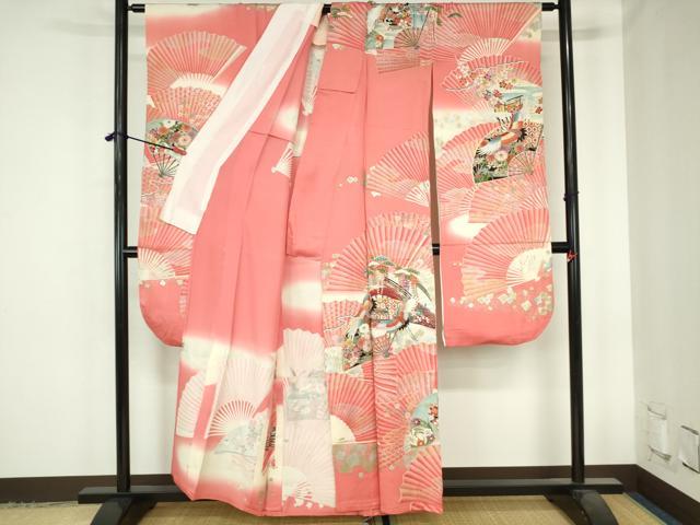 平和屋着物▽豪華振袖　単衣　駒刺繍　飛鶴扇面花文　暈し染め　金銀彩　正絹　逸品　DABH0638op