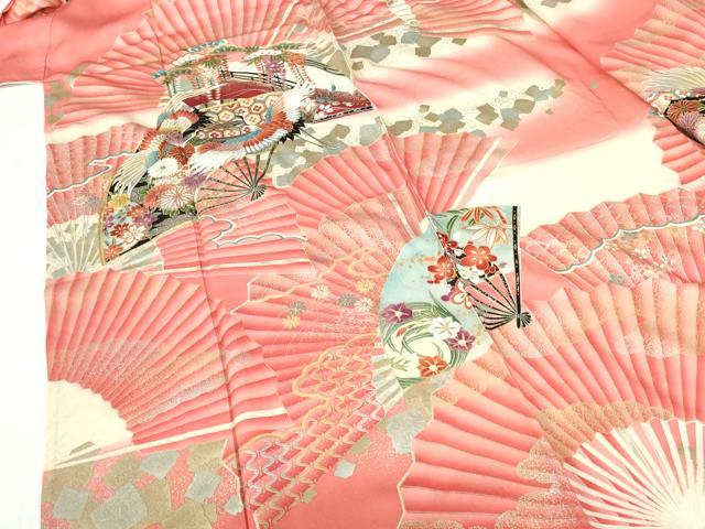 平和屋着物▽豪華振袖　単衣　駒刺繍　飛鶴扇面花文　暈し染め　金銀彩　正絹　逸品　DABH0638op