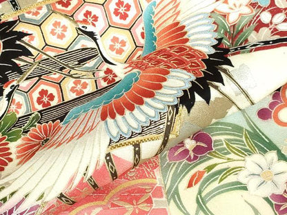 平和屋着物▽豪華振袖　単衣　駒刺繍　飛鶴扇面花文　暈し染め　金銀彩　正絹　逸品　DABH0638op