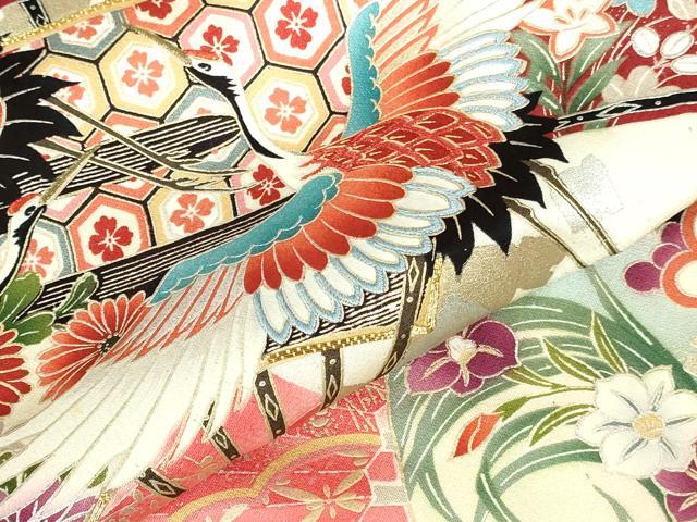 平和屋着物▽豪華振袖　単衣　駒刺繍　飛鶴扇面花文　暈し染め　金銀彩　正絹　逸品　DABH0638op