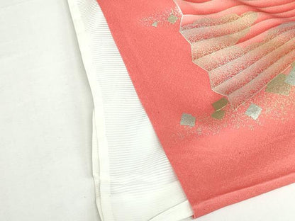 平和屋着物▽豪華振袖　単衣　駒刺繍　飛鶴扇面花文　暈し染め　金銀彩　正絹　逸品　DABH0638op