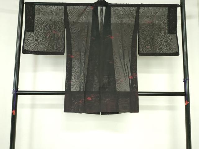 平和屋着物▽道中着　スリーシーズン　春夏秋　塵除け　流水笹の葉文　黒地　ロング丈　正絹　逸品　DABH0642op