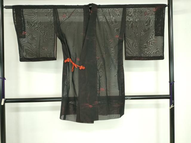 平和屋着物▽道中着　スリーシーズン　春夏秋　塵除け　流水笹の葉文　黒地　ロング丈　正絹　逸品　DABH0642op