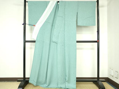 平和屋着物▽上質な色無地　単衣　花唐草地紋　青竹色　正絹　逸品　DABH0650op