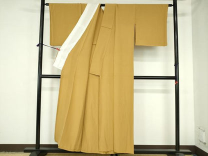 平和屋着物▽上質な色無地　単衣　黄朽葉色　正絹　逸品　DABH0651op