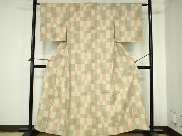 平和屋着物▽本塩沢　単衣　格子　正絹　逸品　DABH0655op
