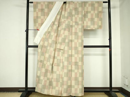 平和屋着物▽本塩沢　単衣　格子　正絹　逸品　DABH0655op