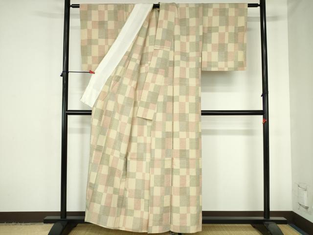 平和屋着物▽本塩沢　単衣　格子　正絹　逸品　DABH0655op