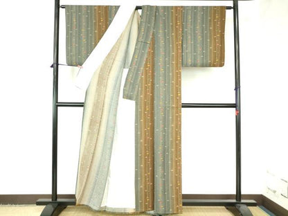 平和屋着物▽上質な小紋　単衣　扇面笹の葉間道　暈し染め　正絹　逸品　DABH0657op