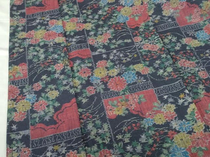 平和屋着物▽上質な紬　単衣　草花文　正絹　逸品　DABH0664op