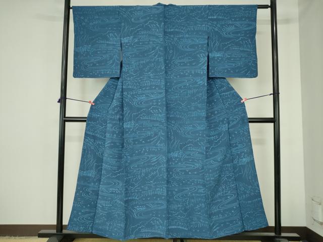 平和屋着物▽上質な小紋　単衣　ろうけつ染め　風景文　正絹　逸品　DABH0666op