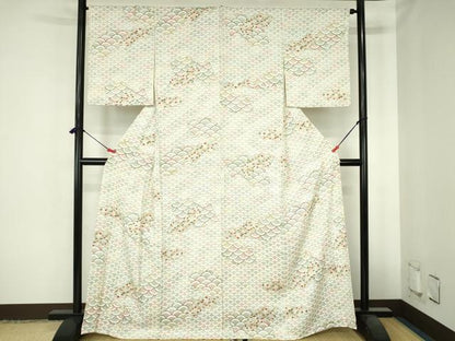 平和屋着物▽上質な小紋　単衣　花青海波　金彩　正絹　逸品　DABH0667op