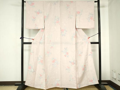 平和屋着物▽上質な小紋　単衣　地紋起こし　草花　正絹　逸品　DABH0669op