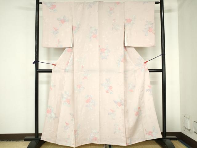 平和屋着物▽上質な小紋　単衣　地紋起こし　草花　正絹　逸品　DABH0669op