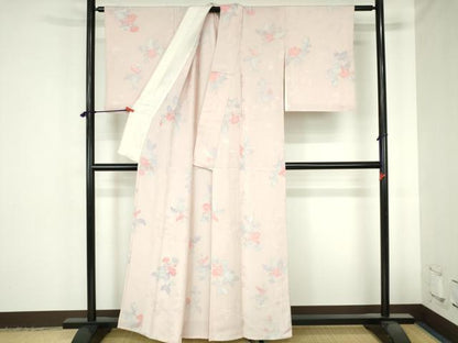 平和屋着物▽上質な小紋　単衣　地紋起こし　草花　正絹　逸品　DABH0669op