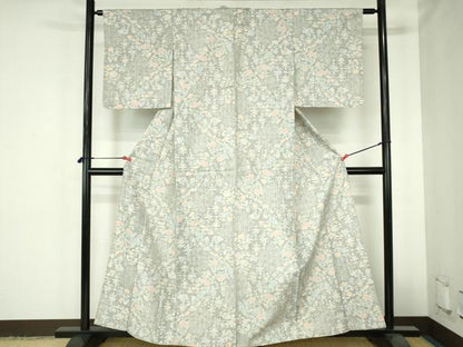 平和屋着物▽上質な紬　単衣　草花　正絹　逸品　DABH0672op