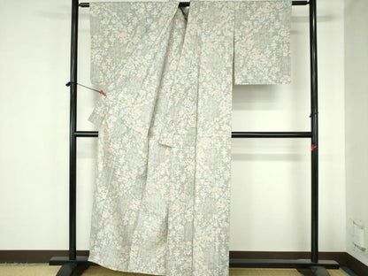 平和屋着物▽上質な紬　単衣　草花　正絹　逸品　DABH0672op
