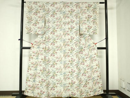 平和屋着物▽上質な小紋　単衣　型染　草花　鬼しぼ縮緬　正絹　逸品　DABH0674op