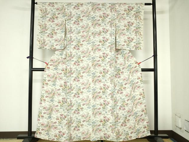 平和屋着物▽上質な小紋　単衣　型染　草花　鬼しぼ縮緬　正絹　逸品　DABH0674op