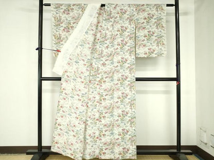 平和屋着物▽上質な小紋　単衣　型染　草花　鬼しぼ縮緬　正絹　逸品　DABH0674op