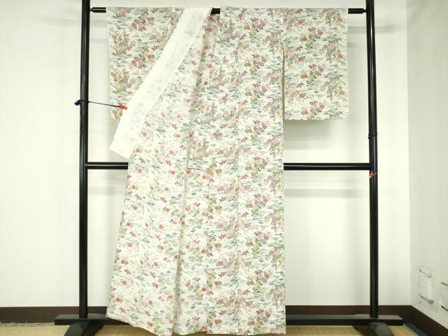 平和屋着物▽上質な小紋　単衣　型染　草花　鬼しぼ縮緬　正絹　逸品　DABH0674op