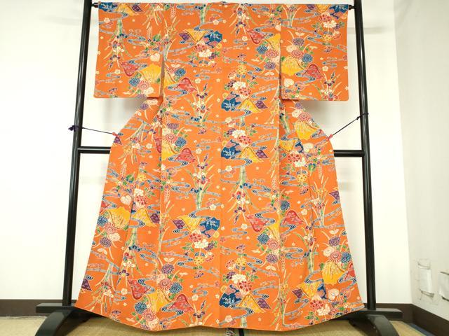 平和屋着物●上質な小紋　型染　流水花文　鬼しぼ縮緬　正絹　逸品　DABH0679op