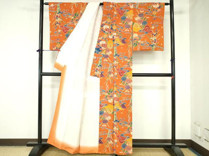 平和屋着物●上質な小紋　型染　流水花文　鬼しぼ縮緬　正絹　逸品　DABH0679op