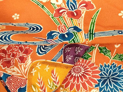 平和屋着物●上質な小紋　型染　流水花文　鬼しぼ縮緬　正絹　逸品　DABH0679op