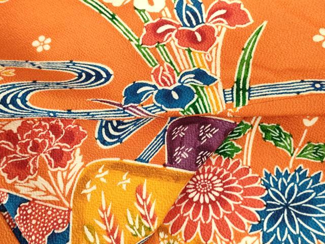 平和屋着物●上質な小紋　型染　流水花文　鬼しぼ縮緬　正絹　逸品　DABH0679op