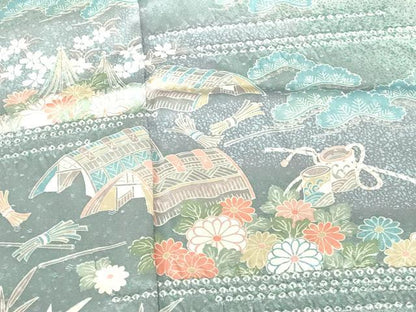 平和屋着物●訪問着　絞り　風景花文　暈し染め　ロング丈　正絹　逸品　DABH0691op