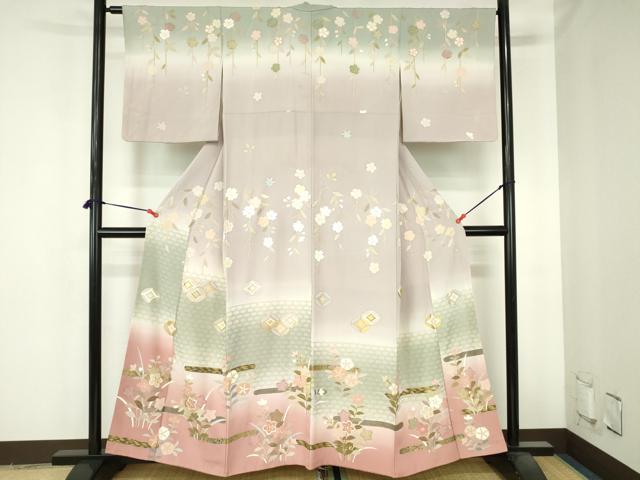 平和屋着物●訪問着　駒刺繍　七宝霞花文　暈し染め　金彩　正絹　逸品　DABH0696op