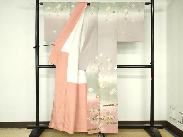 平和屋着物●訪問着　駒刺繍　七宝霞花文　暈し染め　金彩　正絹　逸品　DABH0696op