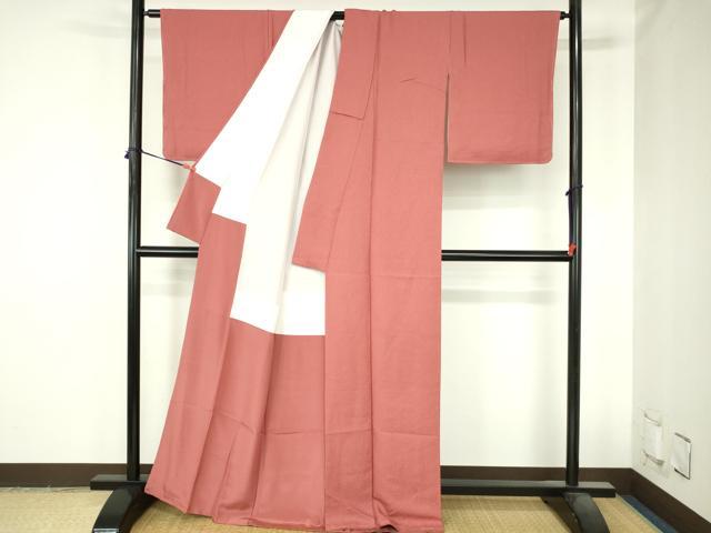 平和屋着物●上質な色無地　霞地紋　銀朱色　正絹　逸品　DABH0699op